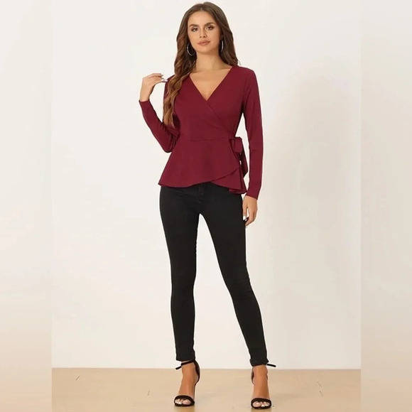 J Crew Burgundy Faux Wrap Top with side zipper vneck size 0 - Picture 1 of 14